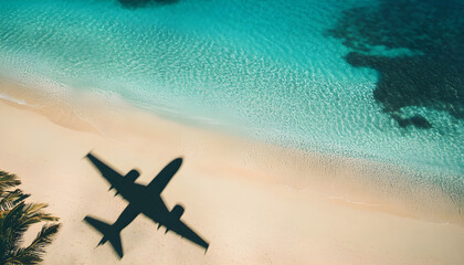 Travel concept. Airplane shadow on a tropical beach. Summer vacation in exotic location banner. Holidays by plane background