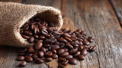 Roasted Coffee Beans Overflowing From Burlap Sack Still Life