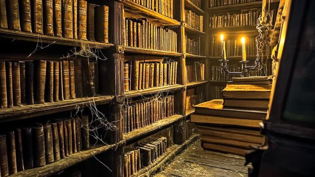 Mysterious candlelit library with dusty books and cobwebs unveiled