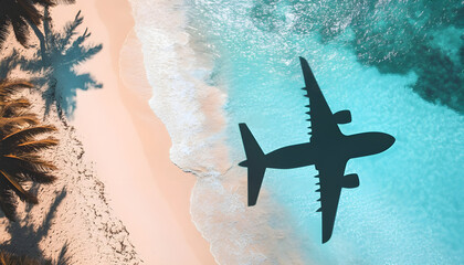 Travel concept. Airplane shadow on a tropical beach. Summer vacation in exotic location banner. Holidays by plane background