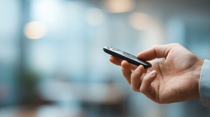A hand holds a presentation clicker, implying business or education for a speaker's presentation.