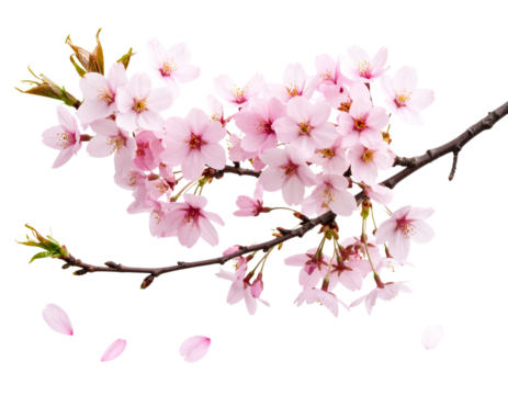 Single Artistic Cherry Blossom Branch with Subtle Petal Fall, transparent background