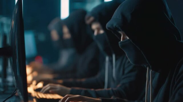 Dark Code: A group of hooded figures intensely focused on computer screens, crafting and deploying malicious code, creating a sense of intrigue and the threat of unseen digital warfare.