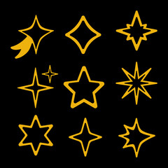 Golden linear stars with different geometric outlines on black background, featuring symmetrical and stylized celestial designs in an elegant minimalist style.