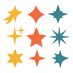 Obraz premium Collection of colorful star shapes in orange, red, teal, and yellow, each with a unique design and style on a light background, ideal for creative projects.