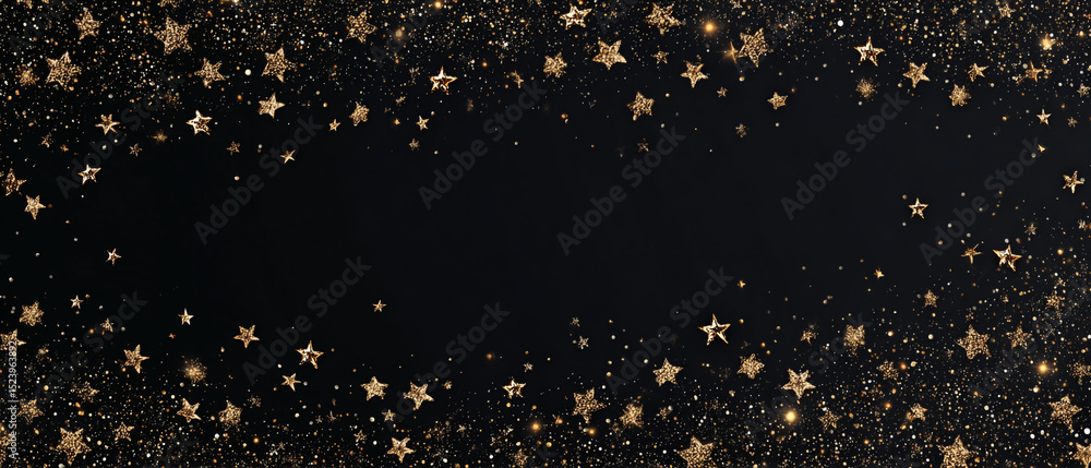 Poster a dark background with golden stars and glitter scattered around the edges creating a festive frame