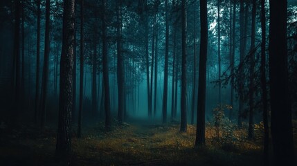 Naklejka premium Misty forest scene with tall trees and an ethereal atmosphere during twilight hours