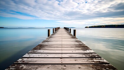 Obraz premium Peaceful boardwalk horizon across quiet waters high resolution photo