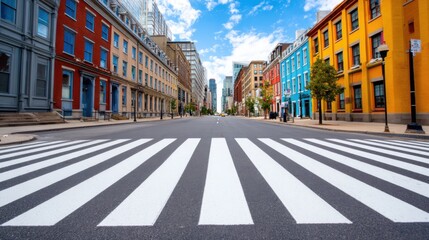 A wide crosswalk with bold white stripes on a clean street under bright daylight, colorful buildings in background