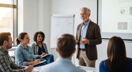 Obraz premium Older man giving a presentation to a group in a bright meeting room 
