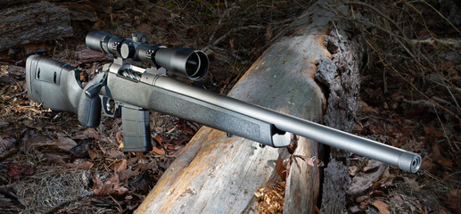 Black and gray bolt action rifle outdoors resting on a log