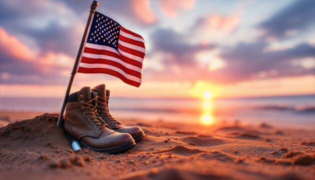 American flag boots sunset beach memorial