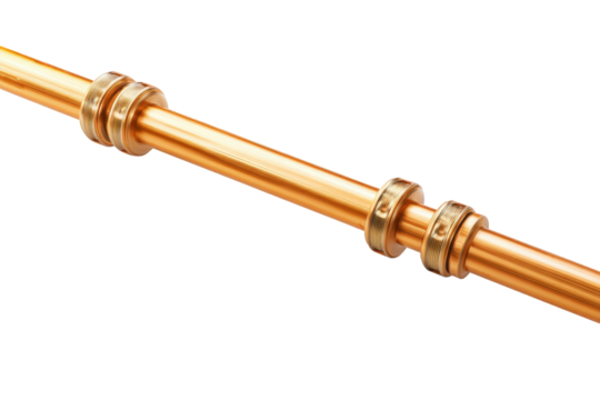 High resolution image of copper pipe with gold fittings detailed texture industrial metal plumbing supply equipment shiny metallic surface modern design on transparent background