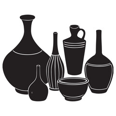 Set of icons of vases, clay amphorae. Black silhouette of vessels of different shapes. Vector illustration, Detailed illustration of ancient greek pottery ceramic vases silhouettes.Modern illustration