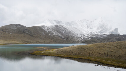 Mountain landscape with lake and snow in Gurudongmar Lake, Sikkim, India
