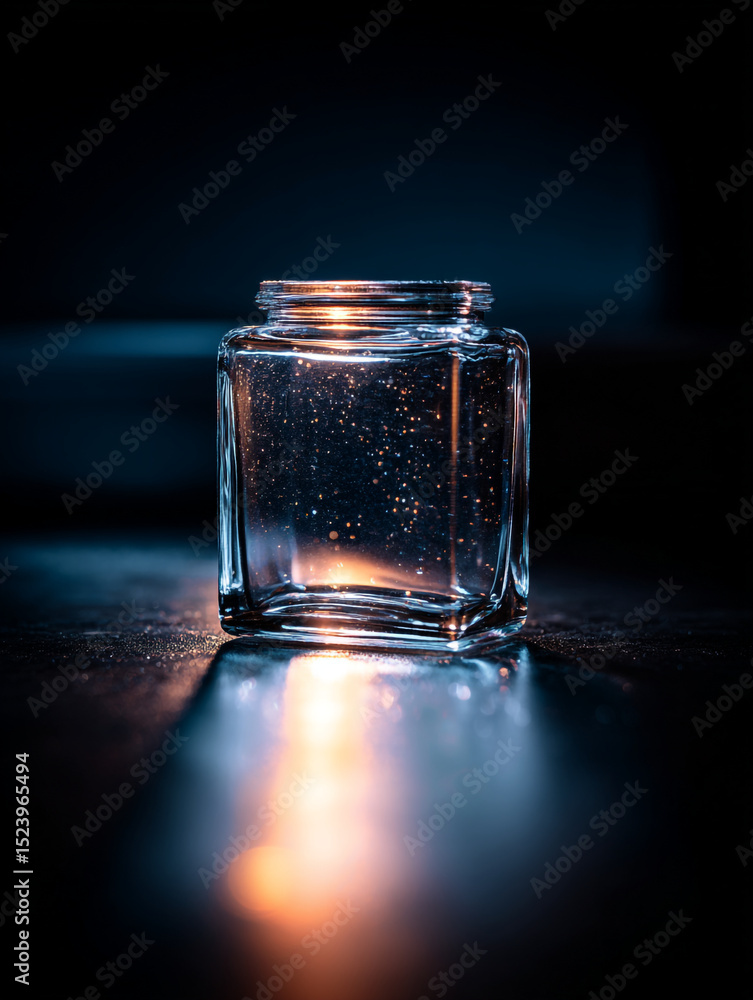Poster a clear glass jar sits on a dark surface with a light shining through it creating a bright reflectio