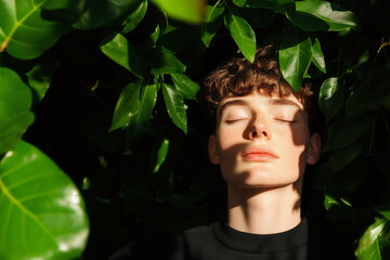 Young person resting peacefully in a lush green garden surrounded by foliage and dappled sunlight