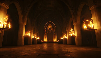 Obraz premium Medieval hall illuminated by flickering torchlight creating an atmospheric ambiance, medieval hall lit by the warm light of burning torches seamless ing background