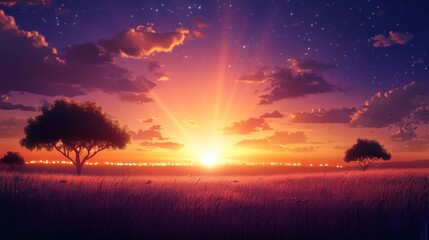 Sunrise over a field of grass
