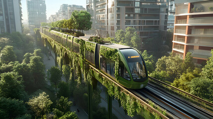 Fototapeta premium Elevated Green Train Through Lush Urban Landscape