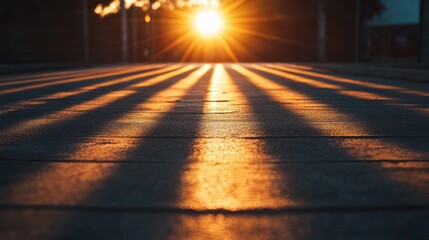 Sunlight casts parallel shadows on a paved surface