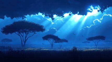 Nighttime savanna, luminous sky