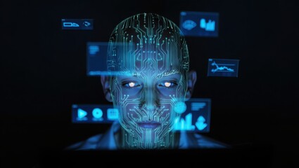 A futuristic face, overlaid with glowing circuit patterns, processes data streams in a dark digital space