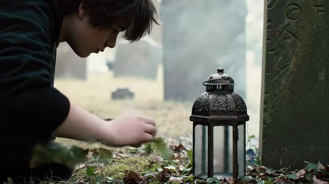 A man sitting by a grave with a lantern, remembering his deceased loved one in a sad moment. Footage.