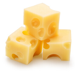  Emmental cheese cubes isolated on white background. File contains clipping path.