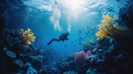 Fototapeta premium Diving in clear blue waters showcasing vibrant coral and diverse marine life in a deep underwater canyon
