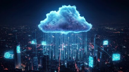 Futuristic cityscape at night with a glowing cloud representing the digital realm - Powered by Adobe