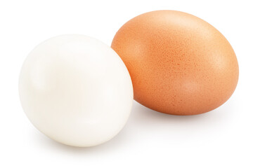 Shelled egg and unshelled egg boiled chicken eggs on white background. File contains clipping path.