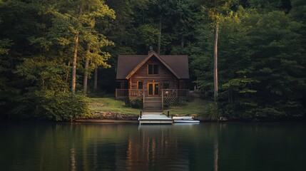 Obraz premium Cozy wooden cabin by tranquil lake surrounded by lush forest during golden hour at dusk