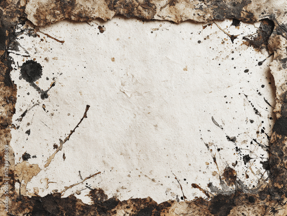 Poster a grunge paper background with torn edges and splatters of dark ink creating a textured frame effect