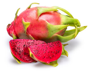 Dragon fruits and dragon fruit slices isolated on white background. File contains clipping paths.