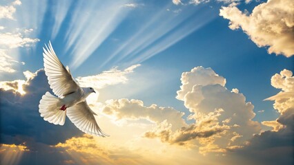 A radiant white dove flying across a bright blue sky with golden rays of sunlight breaking through soft clouds, symbol of the Holy Spirit, spiritual peace and Pentecost theme – cinematic style, uplift