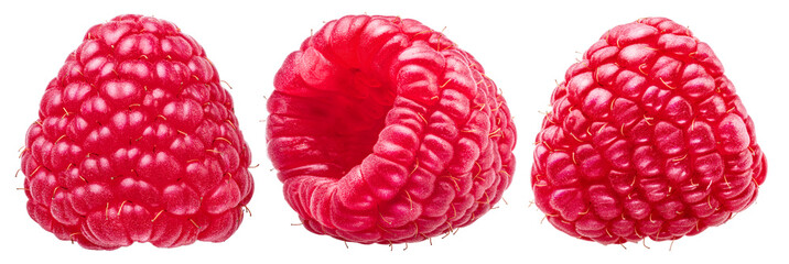 Three fresh ripe red raspberries on white. High resolution image with clipping path.