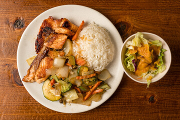 Salmon, vegetables and rice
