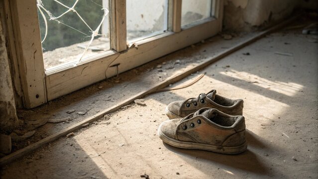 An abandoned pair of worn-out child-sized shoes placed on a dusty workshop floor, symbolic and minimalistic, light filtering through a cracked window &ndash; powerful concept image on child labor,