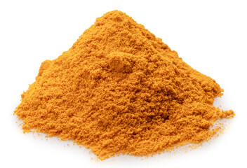 Heap of turmeric powder on white background. File contains clipping path.