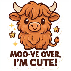 Adorable vector illustration of a cute, fluffy Highland cow with sparkling elements