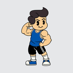 A Funny Boy athlete flexing biceps muscle for fitness in a retro cartoon character mascot illustration