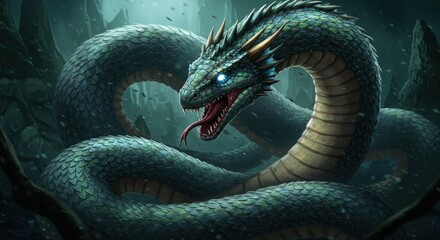 Coiled serpentine dragon ominous glowing eyes