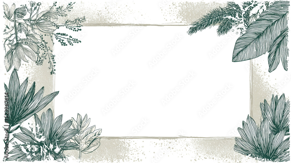 Poster a botanical frame with sketched leaves and branches on a textured background with a white center spa
