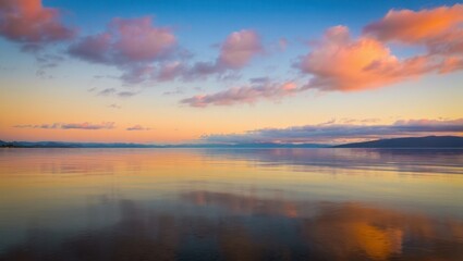 Fototapeta premium Pastel clouds reflected in a calm lake at sunset, painting the water with soft oranges and pinks