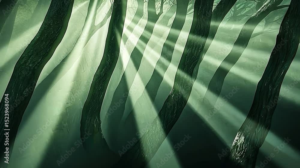 Poster sunlight filtering through a misty forest.