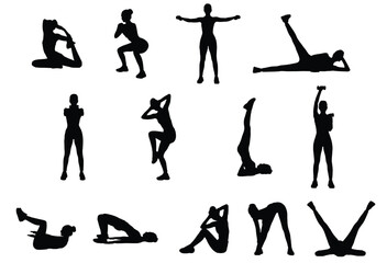 Fitness Women Silhouettes Training Exercise on White Background