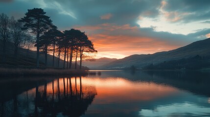 Sunset reflections on a serene lake surrounded by mountains and trees in peaceful nature