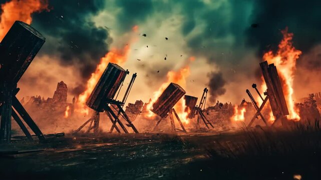 Fiery catapult assault in dramatic dusk battlefield