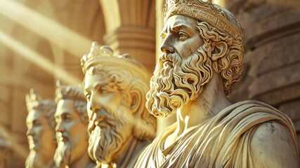 Majestic sunlit statues in ancient greek architectural setting